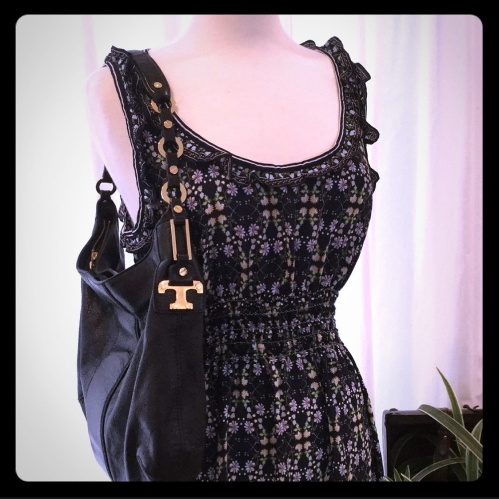 Tory Burch Black Glazed Leather Hobo Bag